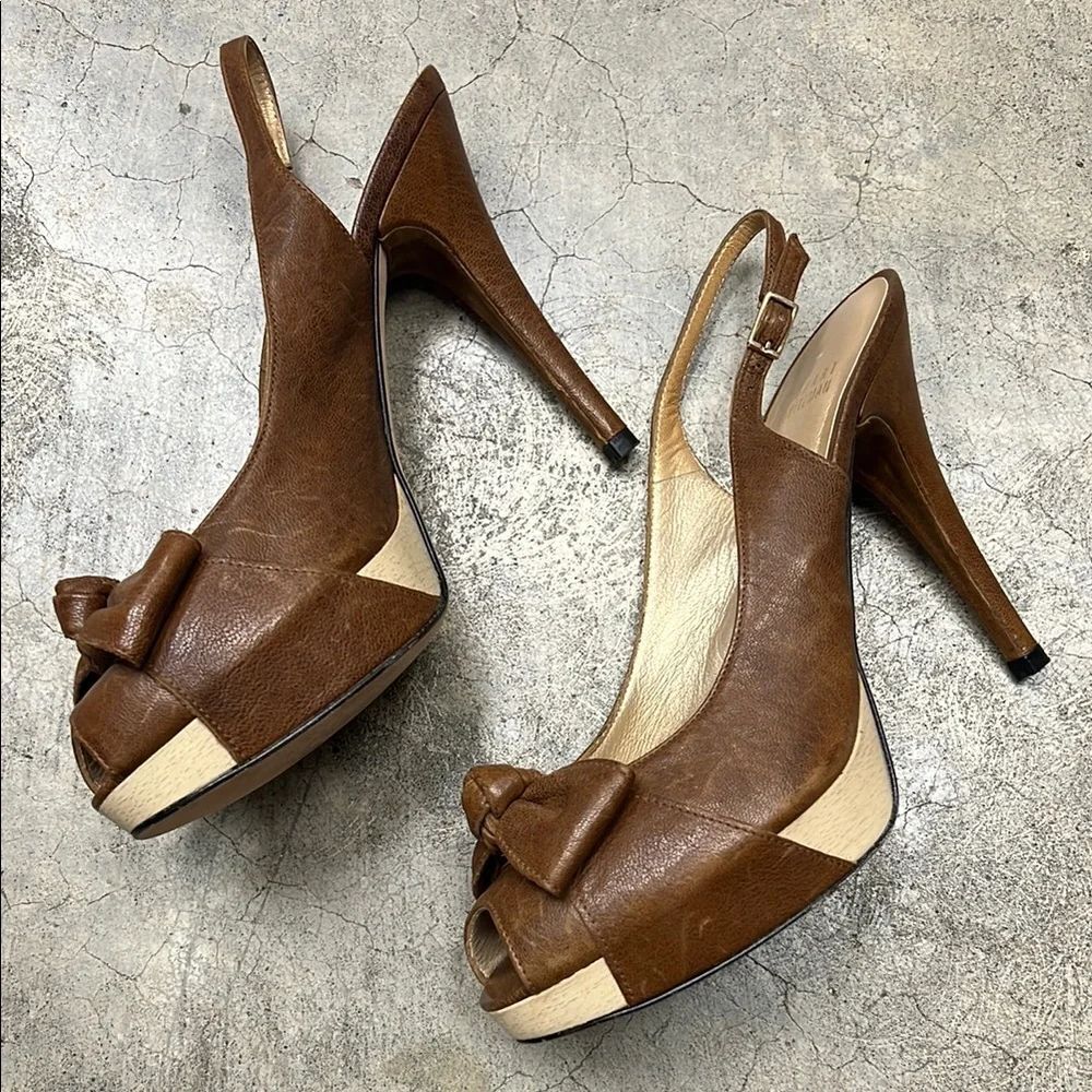 * Stuart Weitzman Brown and Cream Peep-Toe Heels - Picture 9 of 9